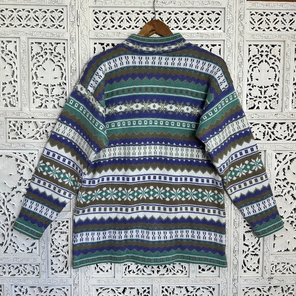 Vintage Blue & Green Nordic Fair Isle Mockneck Grannycore Sweater Sz Medium - Picture 6 of 8
